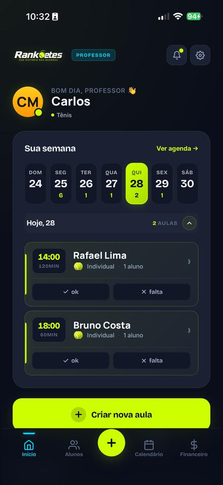 Tela do app com a semana de aulas do professor